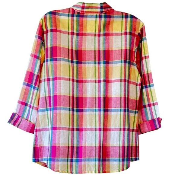 Talbots Irish Linen Madras Plaid Button Down Crisp Linen Pink and Blue Women's M - Picture 5 of 7